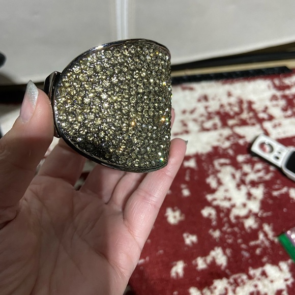 Black Metal and Large Rhinestone Statement Hinged Cuff Bangle - Picture 2 of 6